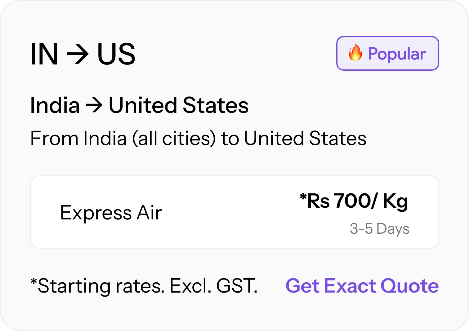 Starting international shipping rates from India to the United States