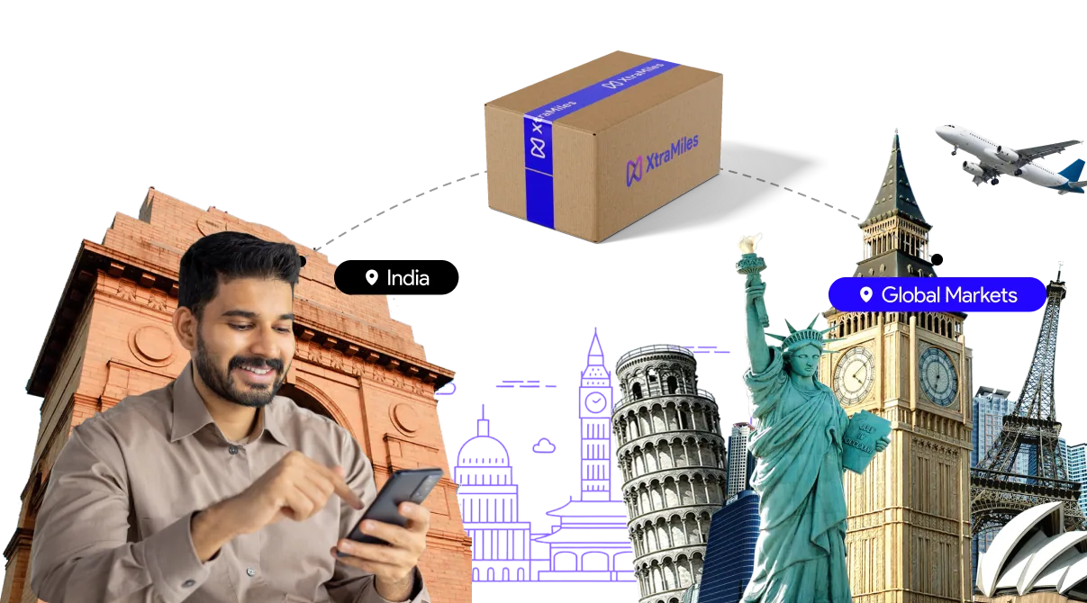 Man using phone, smiling at India Gate. Around him: landmarks like Big Ben, Statue of Liberty; labeled "Global Markets." XtraMiles box, plane.