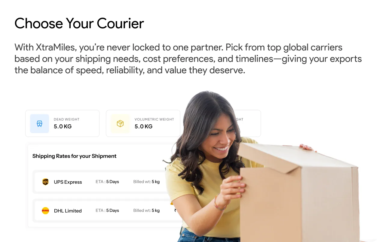 XtraMiles courier selection dashboard - compare international shipping rates from global carriers
