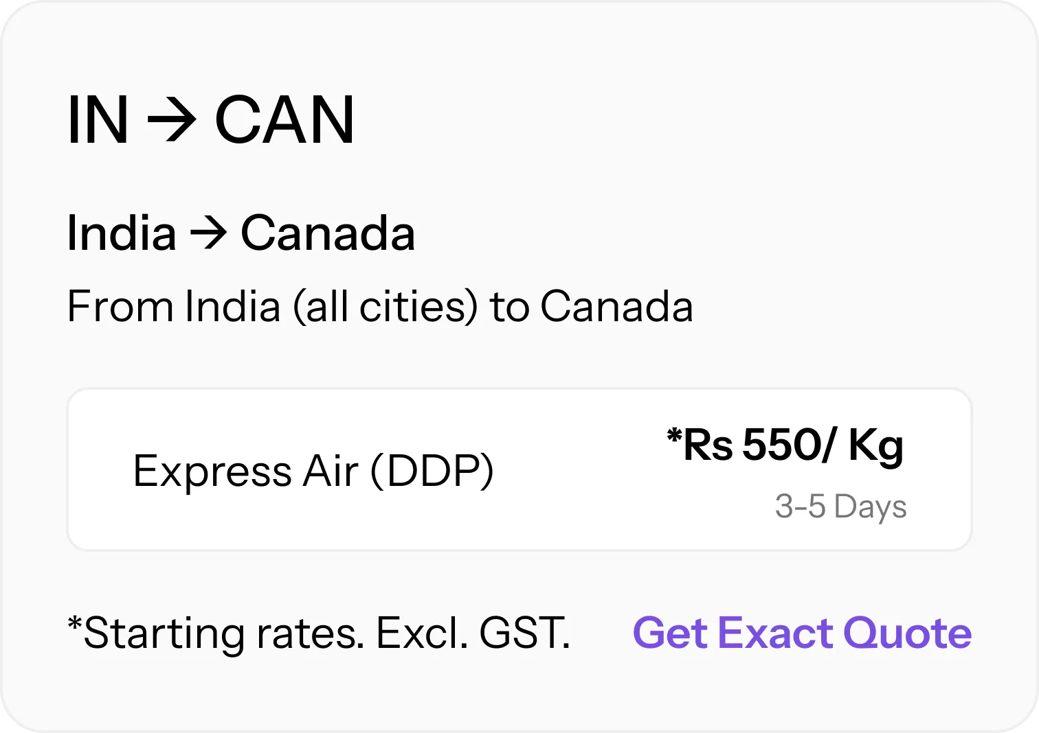 Starting international shipping rates from India to Canada